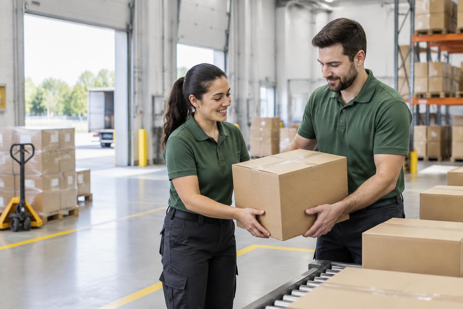 Profissionais de logística preparando uma encomenda na expedição